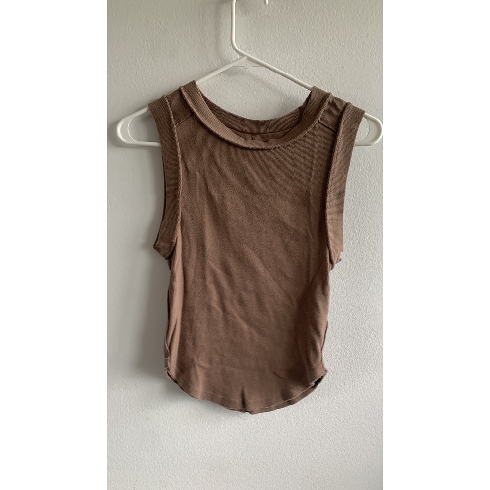 We The Free Free People Brown Ribbed Muscle‎ Tank Top Curved Hem XS OB1085202
